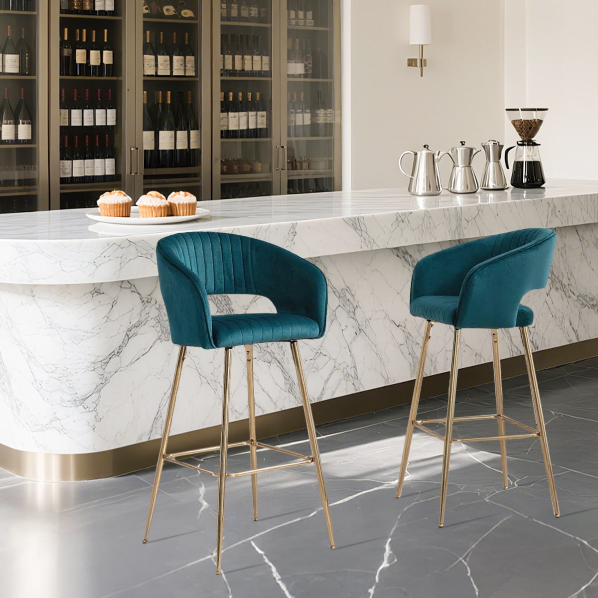 Stóil barra veilbhit teal nua -aimseartha le cosa óir agus footrest, cuntair upholstered tufted