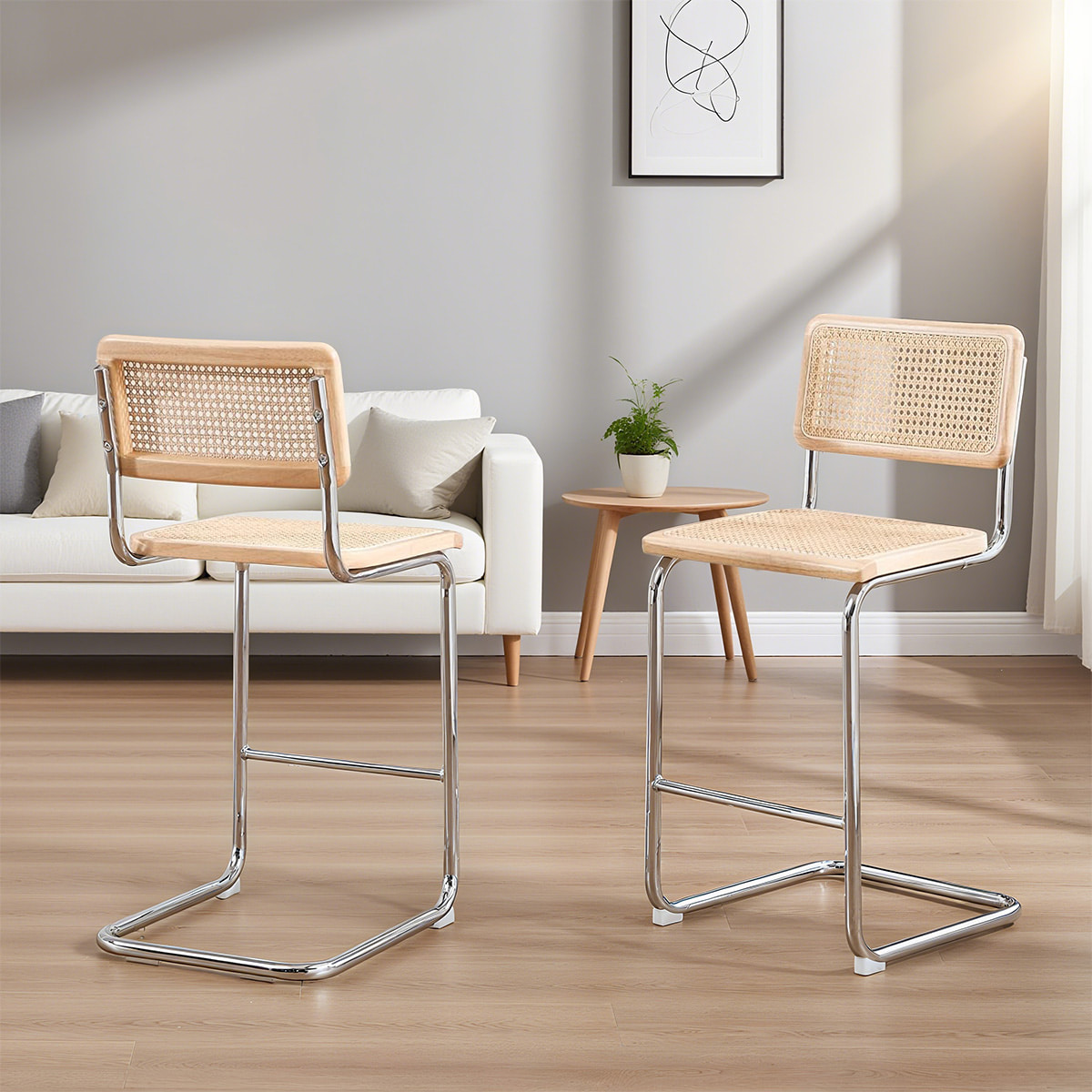 Stól cuntair nua-aimseartha Rattan Cantilever Lár na hAoise-Ar ais agus suíochán cána nádúrtha le fráma miotail chrome