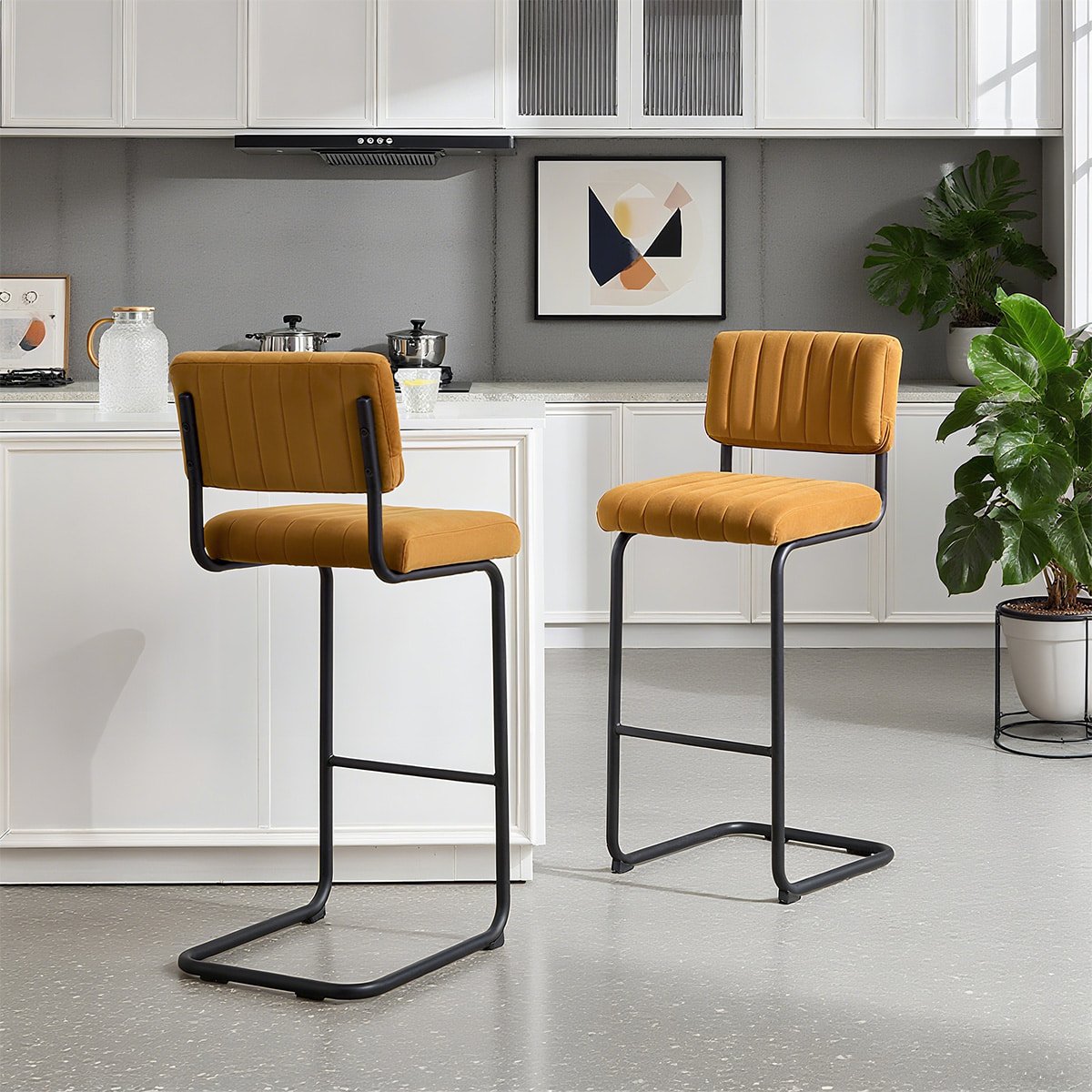 Stól barra veilbhit nua-aimseartha lár na haoise lár-suíochán upholstered tufted le fráma miotail backrest & neamhlonrach dubh