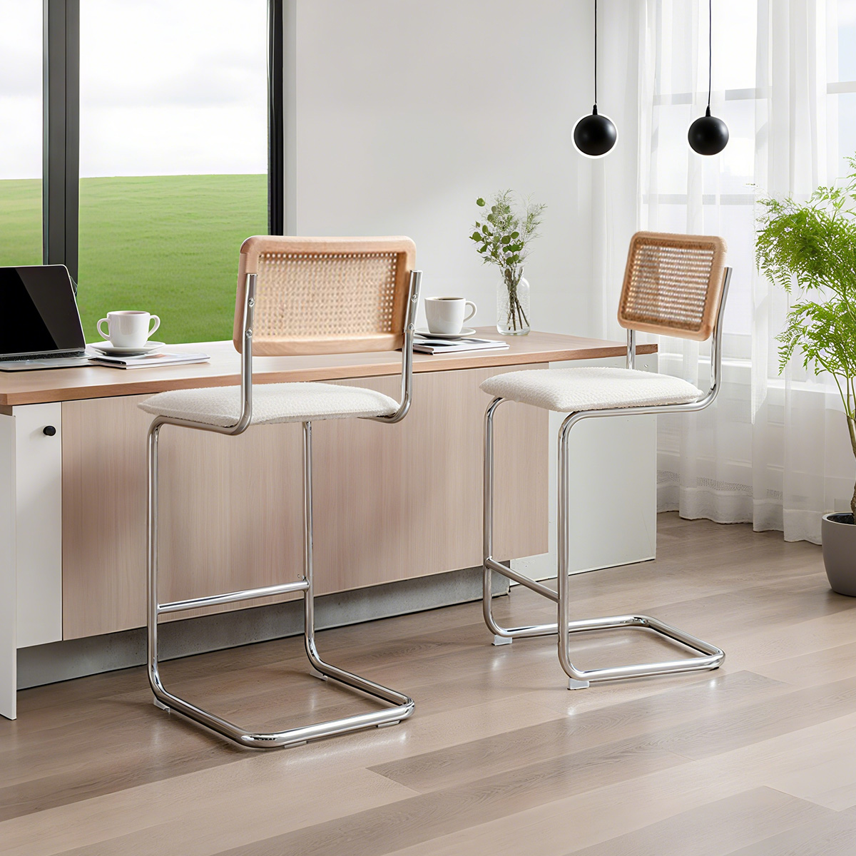 Rattan Back Boucle Bar Stól le Bonn Cantilever Chrome-Cathaoirleach Airde Nua-Aimseartha Lár na hAoise